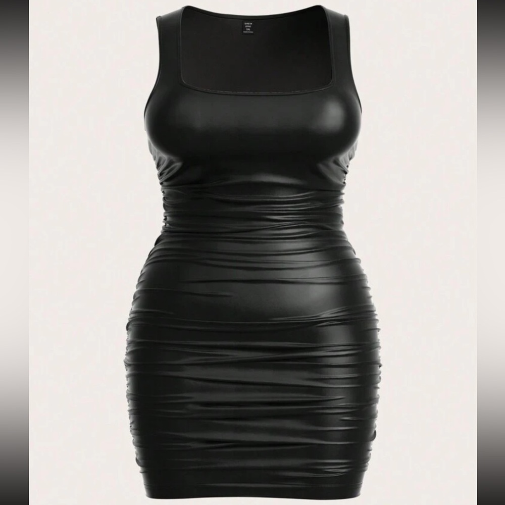 SHEIN Curve Plus Size Black PU Ruched Sleeveless Bodycon Dress 2X New - Picture 1 of 6